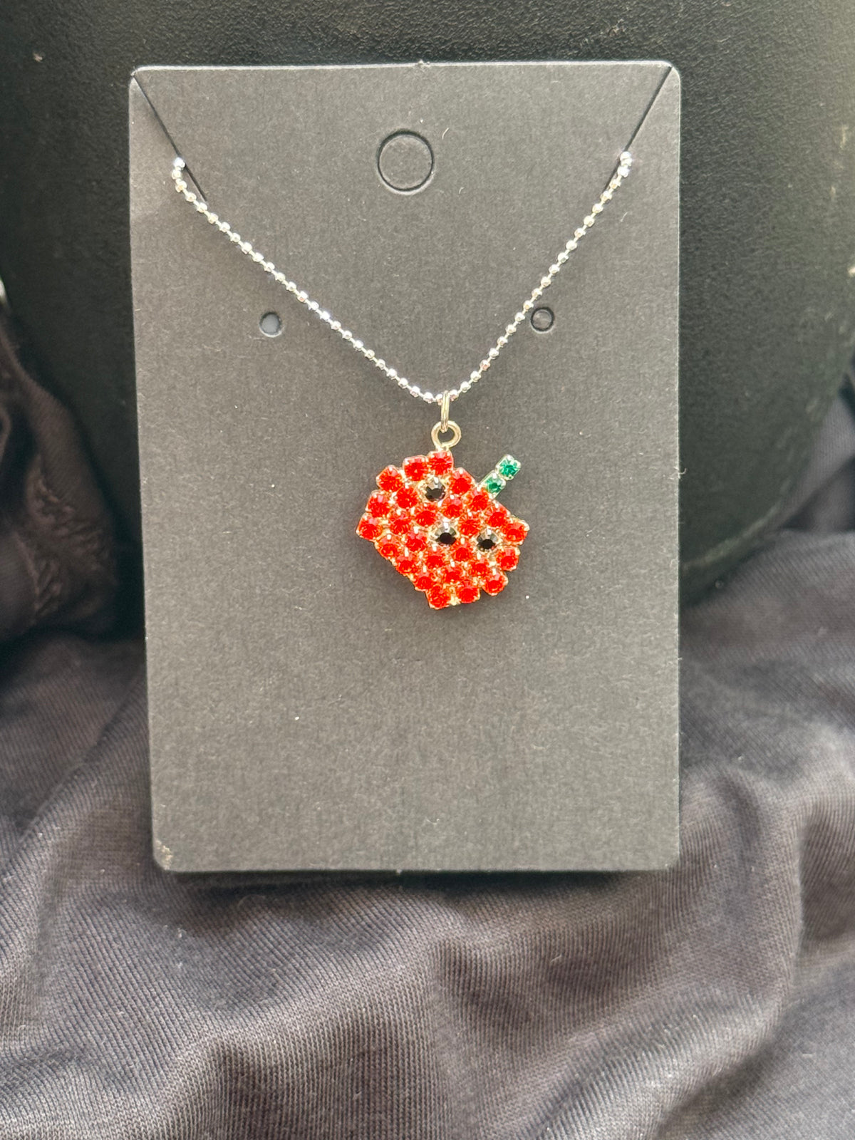 Silver Pumpkin Rhinestone Necklace โ Adjustable 16โ18" Pendant | Halloween Collection