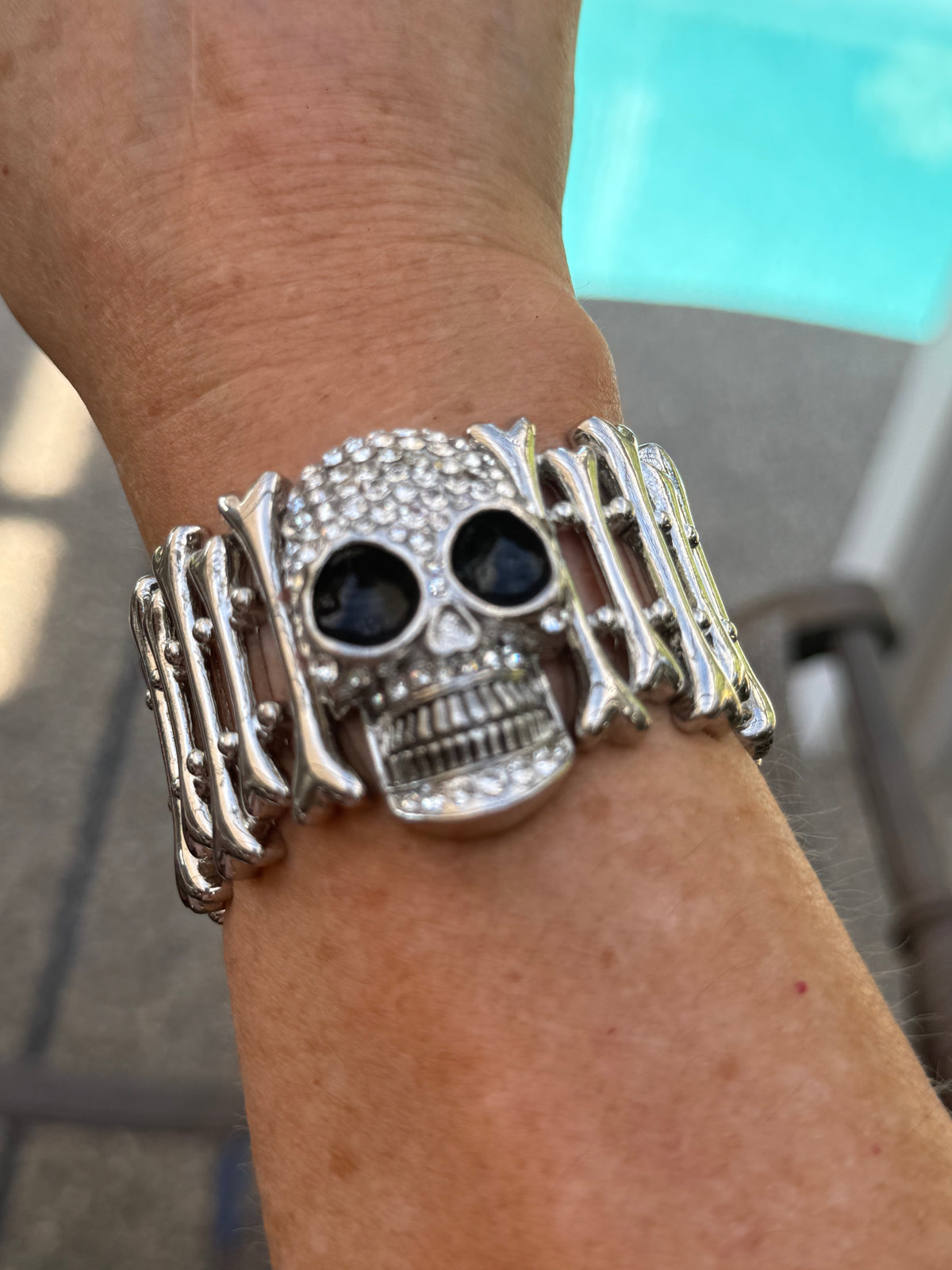 Rhinestone Skull Stretch Bracelet – Silver Gothic Statement Jewelry - Ruff Life Rescue Wear