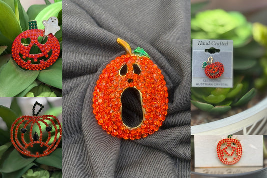 Halloween Pumpkin Crystal Pins – Sparkly Austrian Crystal Brooch Jewelry (choose from 5 designs) – Jack-O’-Lantern Designs – 50% OFF Halloween Sale