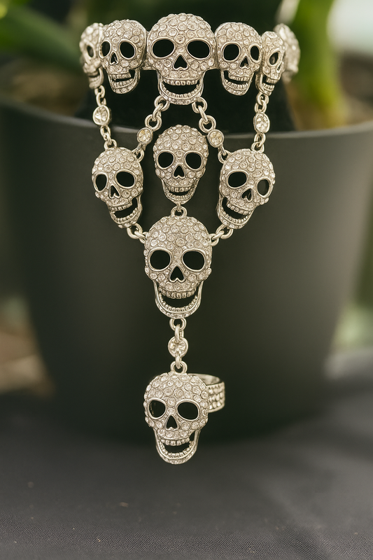 Rhinestone Skull Hand Jewelry – Statement Bracelet & Ring Combo