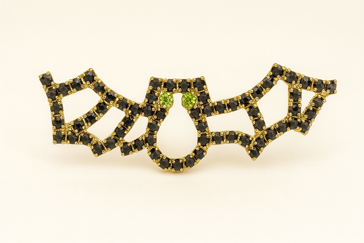 Bat Pin with Green Crystal Eyes – Halloween Brooch