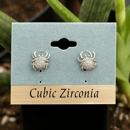 Cubic Zirconia Spider Earrings – Silver Sparkle Halloween Studs | Crystal Spider Jewelry Gift |