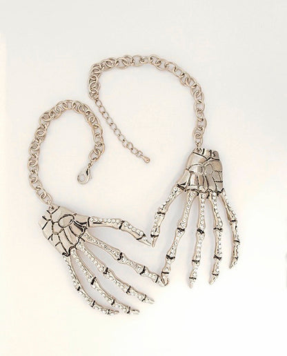 Skeleton Hands Rhinestone Statement Necklace – Silver Gothic Chain Choker - Ruff Life Rescue Wear