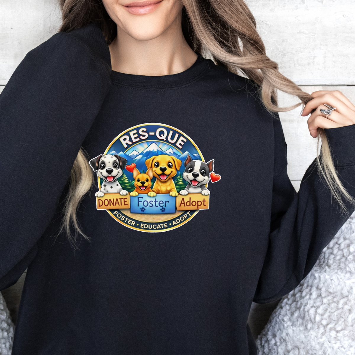 NEW RES-QUE “Donate • Foster • Adopt” Crewneck Sweatshirt (Available in many fun colors) - Ruff Life Rescue Wear
