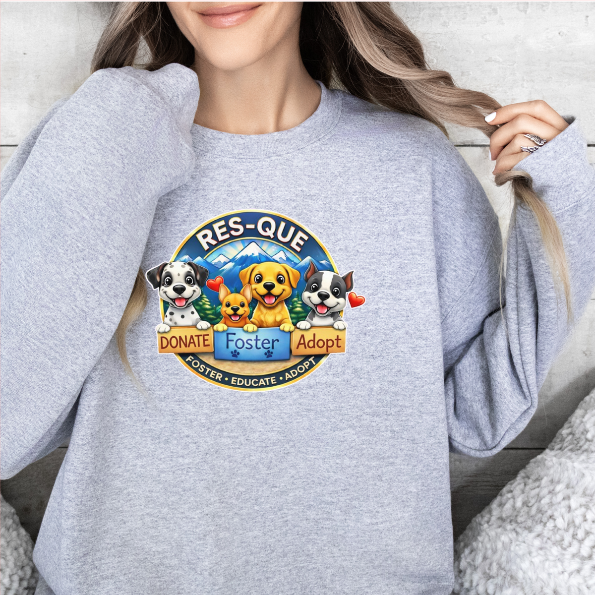 NEW RES-QUE “Donate • Foster • Adopt” Crewneck Sweatshirt (Available in many fun colors) - Ruff Life Rescue Wear