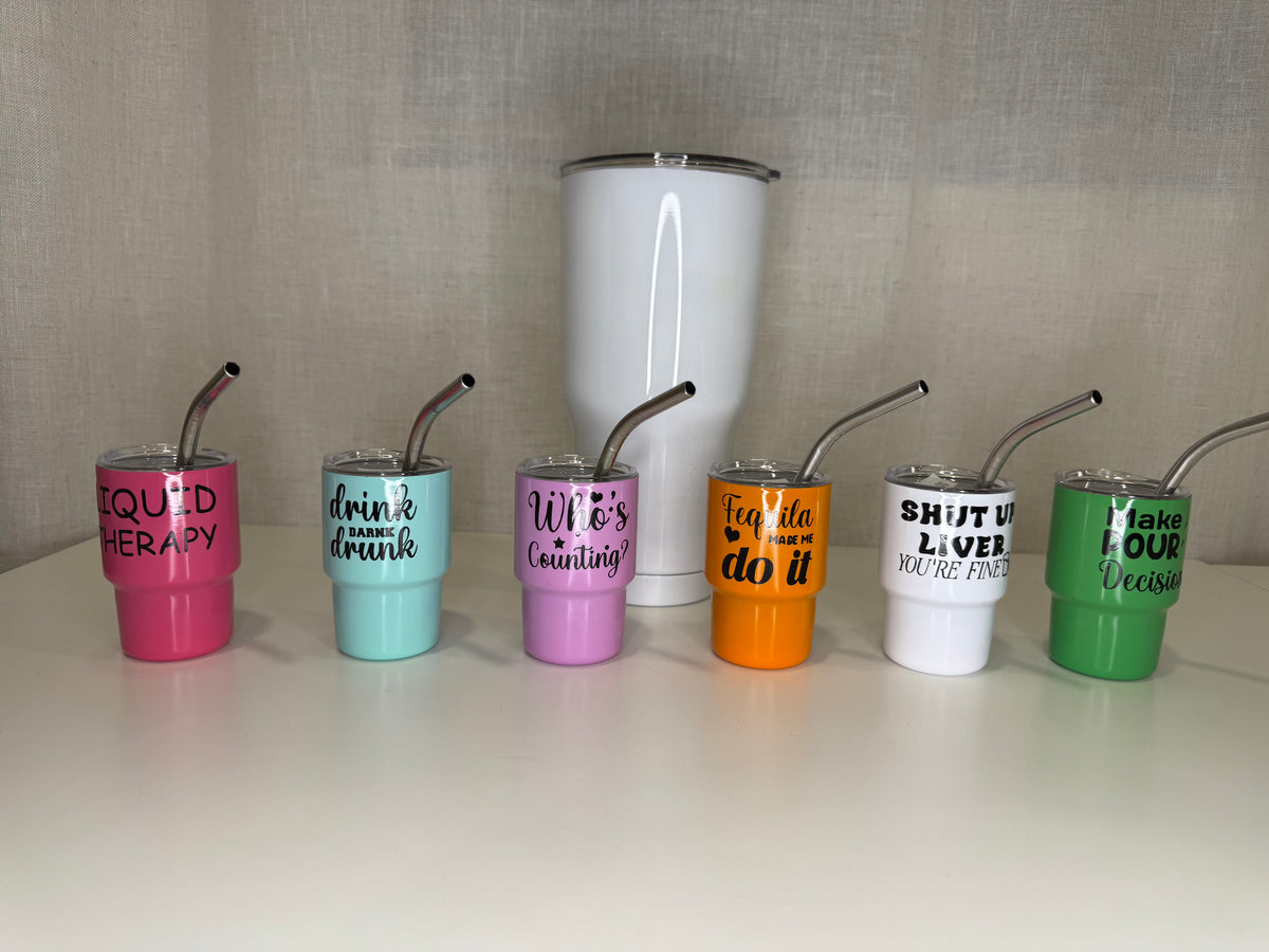 Mini Tumbler Shot Glass – Funny Sayings | 3.5 oz Stainless Steel Cup with Lid & Straw - Ruff Life Rescue Wear