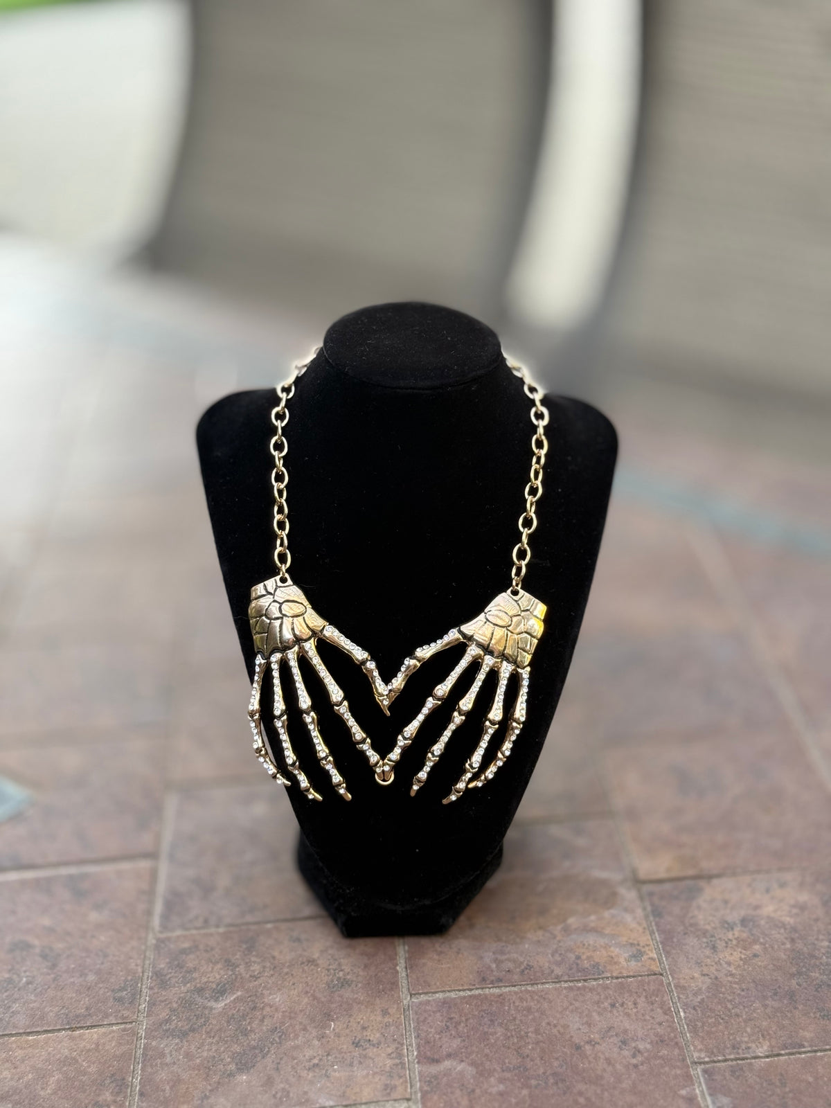 Skeleton Hands Rhinestone Statement Necklace – Silver Gothic Chain Choker - Ruff Life Rescue Wear