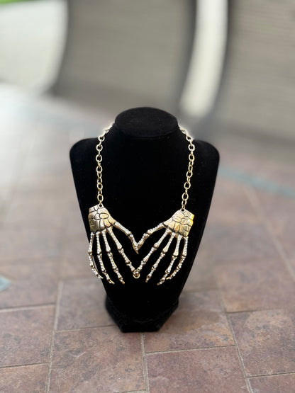 Skeleton Hands Rhinestone Statement Necklace – Silver Gothic Chain Choker - Ruff Life Rescue Wear