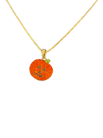 Gold Pumpkin Rhinestone Necklace – Adjustable 16–18" Jack-o’-Lantern Pendant | Halloween Collection
