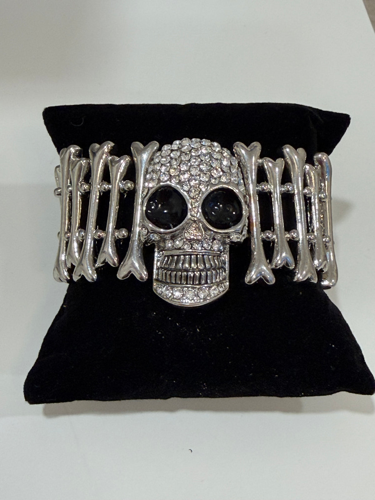 Rhinestone Skull Stretch Bracelet – Silver Gothic Statement Jewelry - Ruff Life Rescue Wear