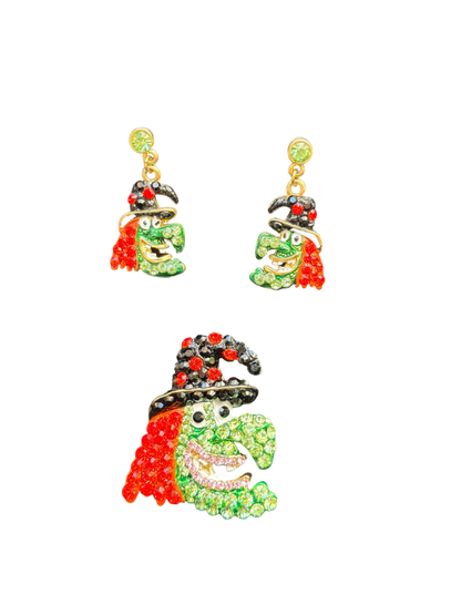 Green Witch Earrings & Brooch Set – Swarovski Crystal Rhinestones | Halloween Collection