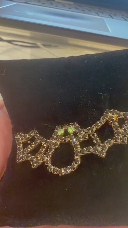 Bat Pin with Green Crystal Eyes – Halloween Brooch