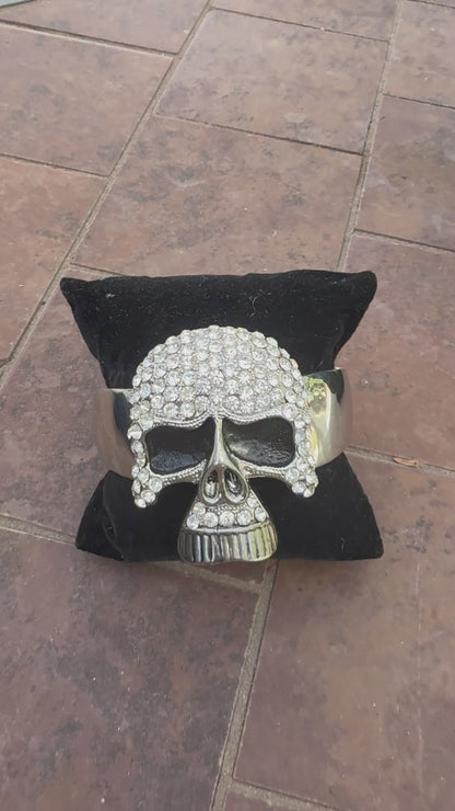 Rhinestone Skull Cuff Bracelet – Silver Gothic Statement Jewelry