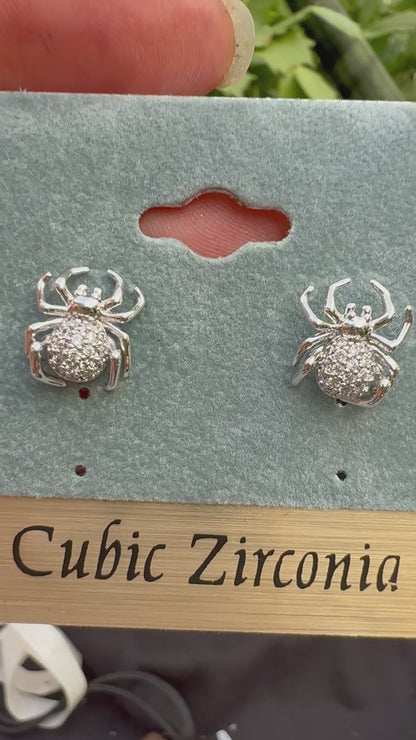 Cubic Zirconia Spider Earrings – Silver Sparkle Halloween Studs | Crystal Spider Jewelry Gift |