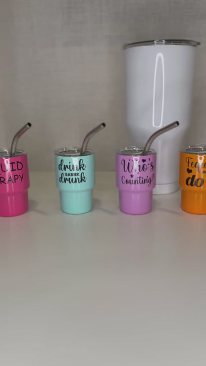 Mini Tumbler Shot Glass – Funny Sayings | 3.5 oz Stainless Steel Cup with Lid & Straw