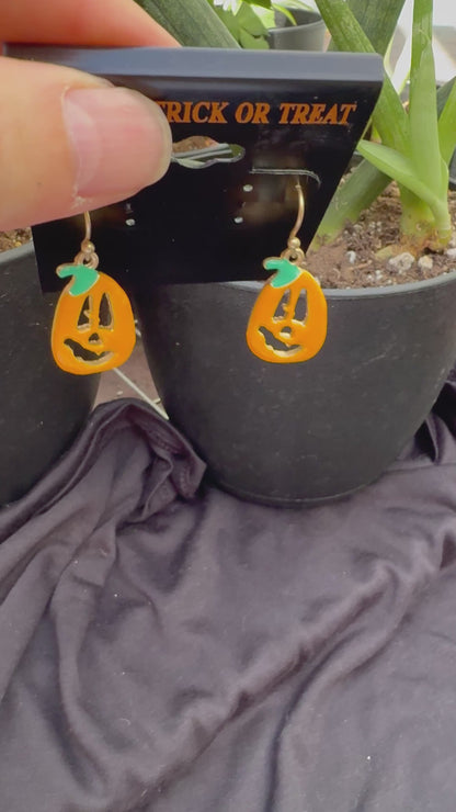 Pumpkin Jack-O’-Lantern Dangle Earrings – Enamel