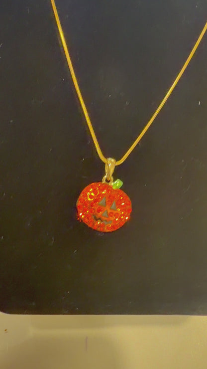 Gold Pumpkin Rhinestone Necklace – Adjustable 16–18" Jack-o’-Lantern Pendant | Halloween Collection