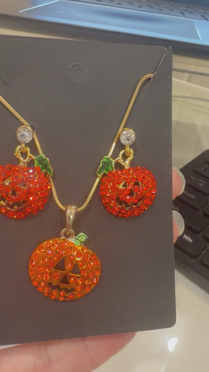 Orange Rhinestone Jack-o’-Lantern Earrings-With Free Necklace