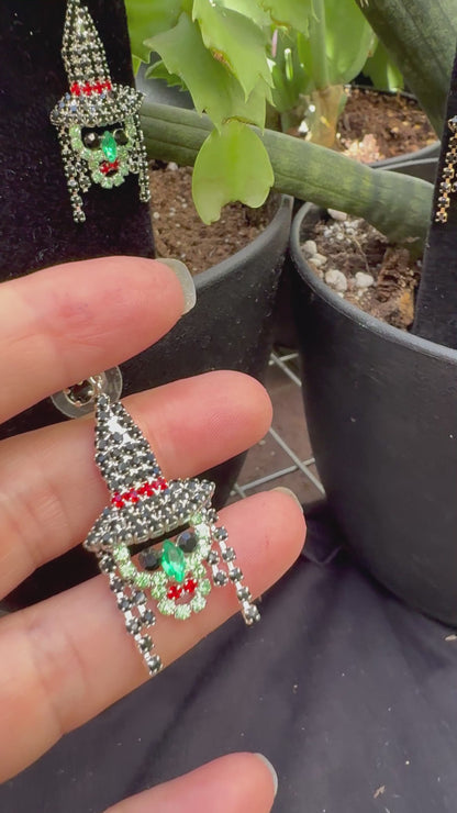 Crystal Witch Face Earrings | Gold or Silver | Rhinestone Drop Halloween Jewelry