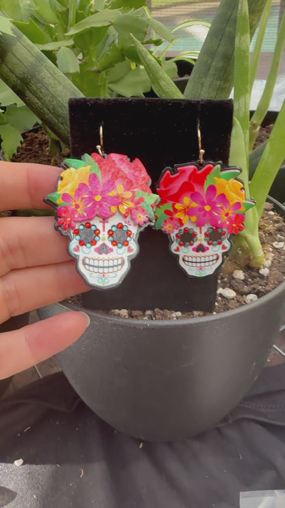 Floral Sugar Skull Earrings – Colorful Rhinestone Día de los Muertos Statement Jewelry