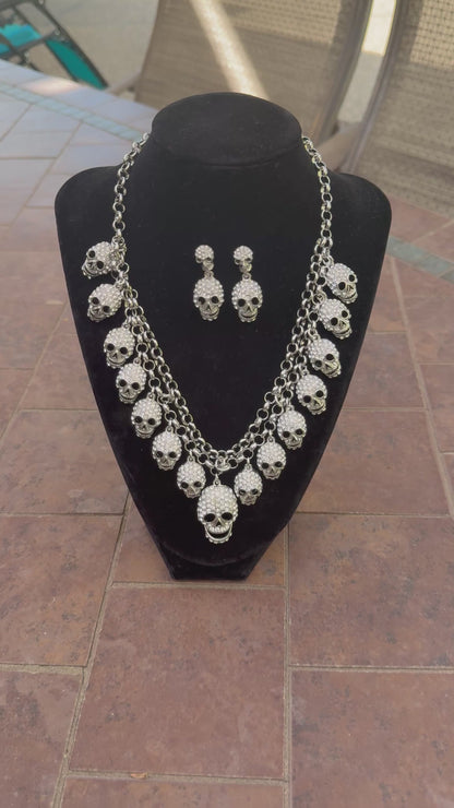 Rhinestone Skull Necklace & Earrings Set