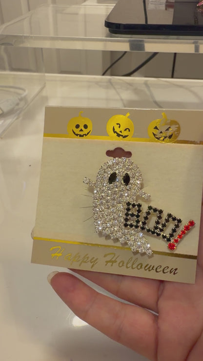 Sparkling Halloween Duo – Gold Ghost Necklace & Crystal “BOO!” Brooch